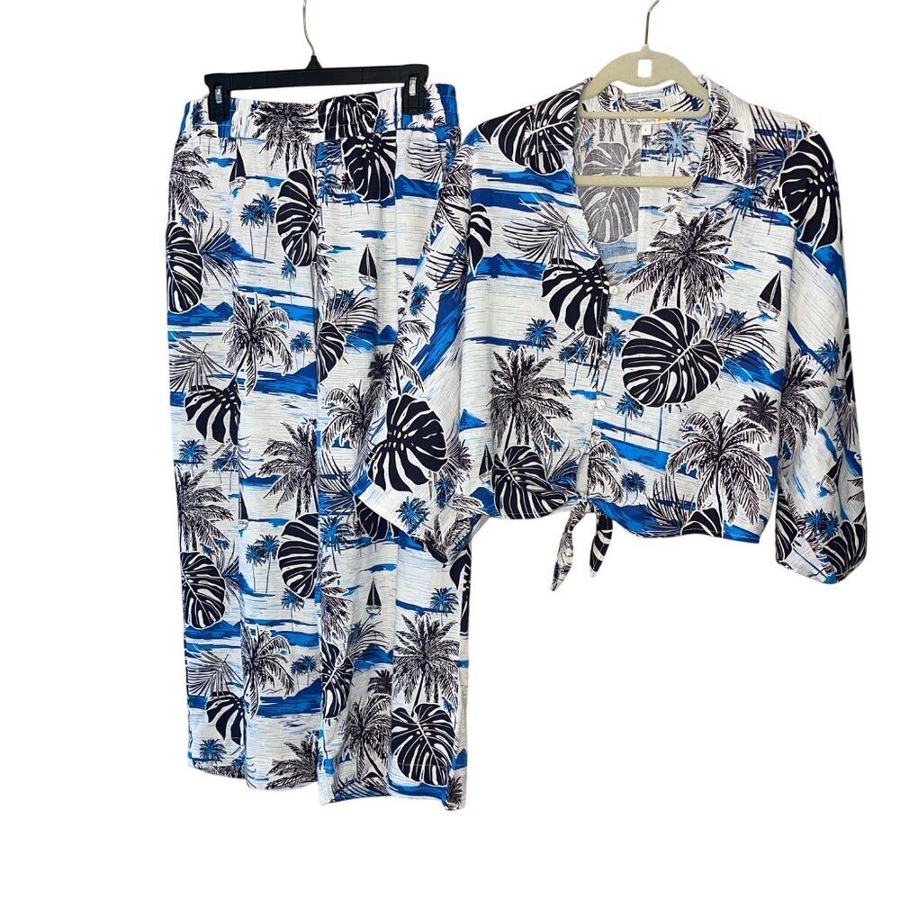 C&C California Womens Top Pant Set Size L Multicolor Crop Front Tie Wide Leg New
